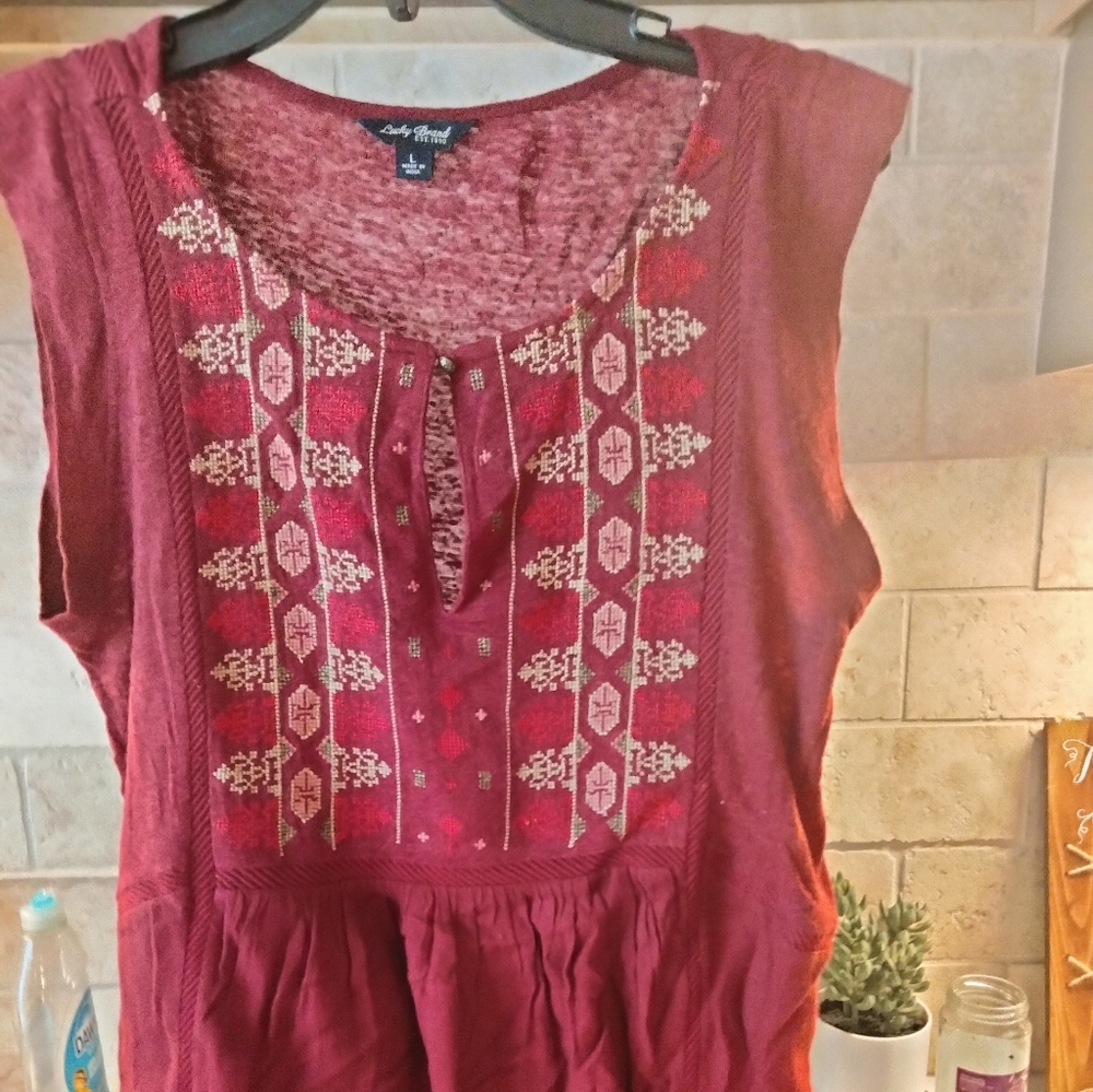 Lucky Brand Burgundy Embroidered Blouse